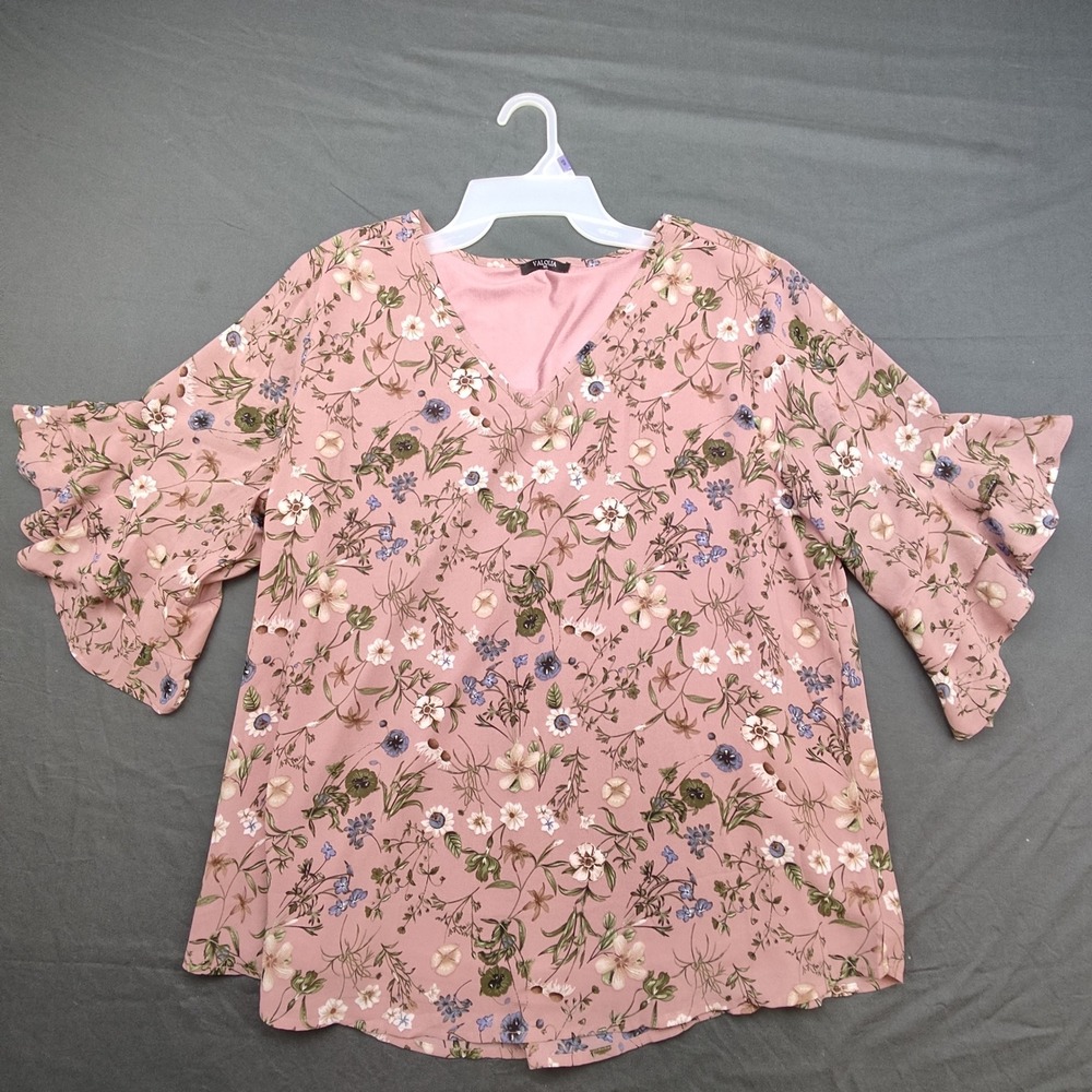 Valolia Blouse Women XXL Pink Floral V-Neck Tiered Bell Sleeve Lined Chiffon Top